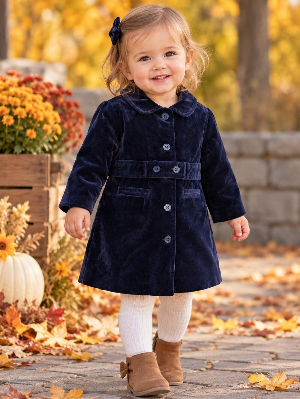 Baby Gap Girl Navy Blue Cotton Velour Coat Lined Button Belted Waist 12-18 Monts